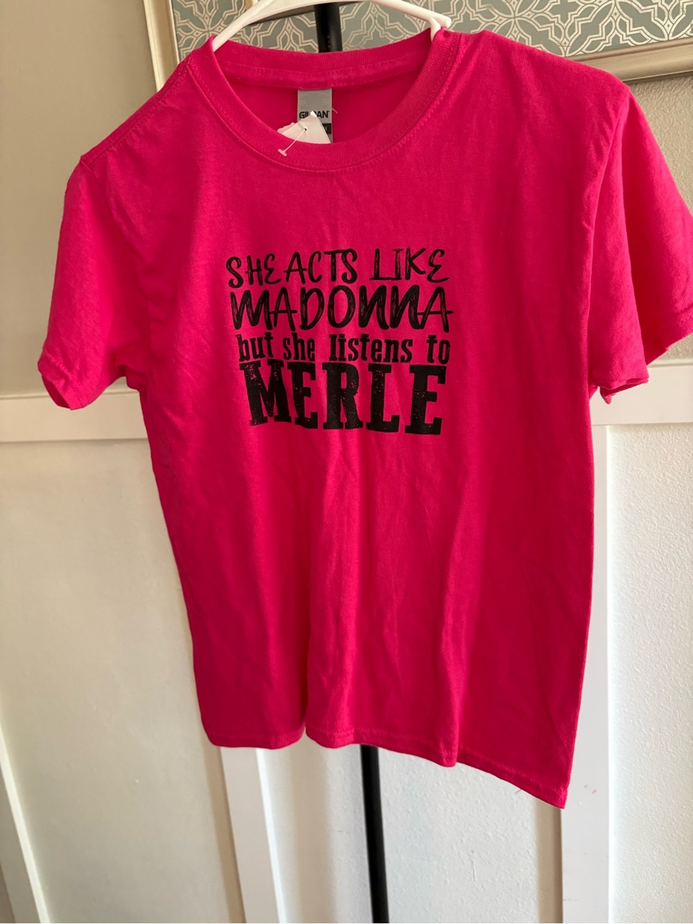 Gildan Hot Pink T‑Shirt with Black 'She Acts Like Madonna' Graphic